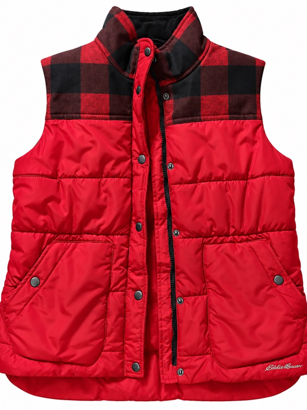 Eddie Bauer Red Women’s Puffer Vest with Plaid Yoke